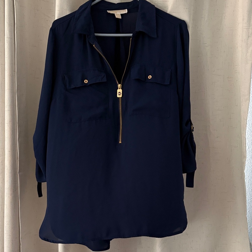 Navy Blue Women's Top with Gold Zipper